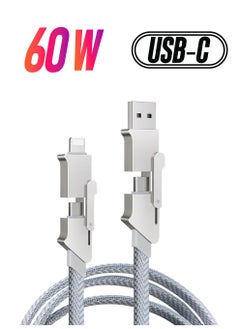 4-in-1 USB C Charging Cable, 60W Fast Charging & Data Sync, Tangle-Free Flat Braided Design, Multi-Connector Cable with Lightning, Type C, USB A Ports (3.3ft) for Quick Charging.