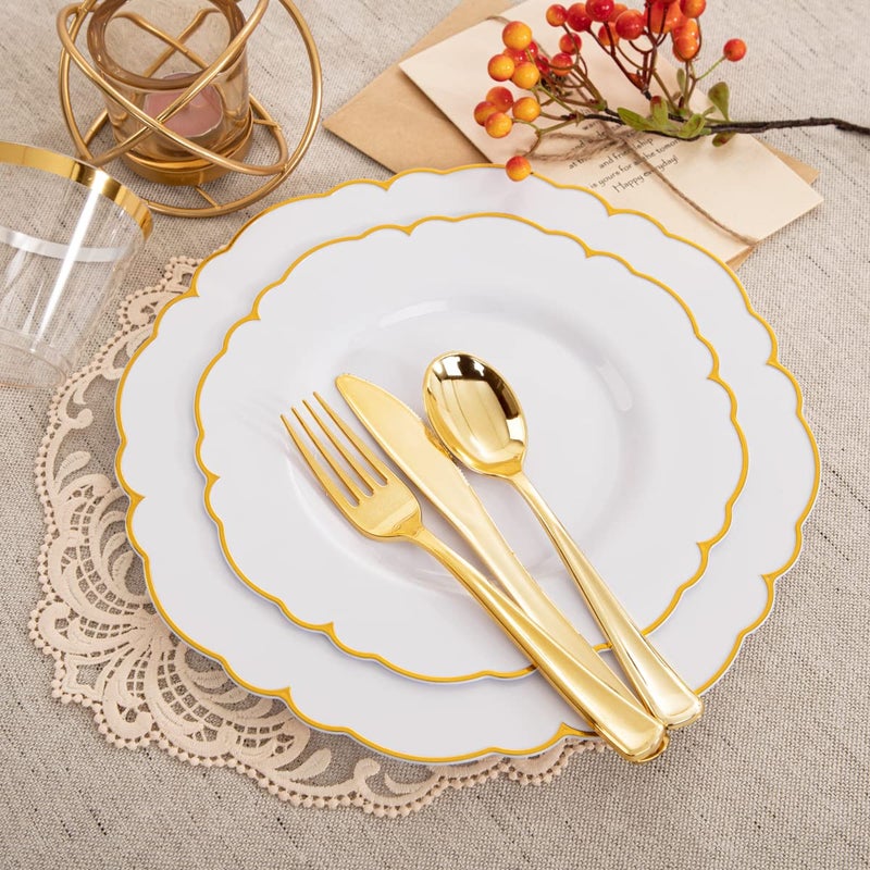 Morejoy 175PCS Gold Plastic Plates White Gold Disposable Plates with Pre Rolled Napkins:25 Dinner Plates 25 Dessert Plates 25 Spoons 25 Forks 25Knives 25Cups 25Napkins for Wedding & Party - Image 4