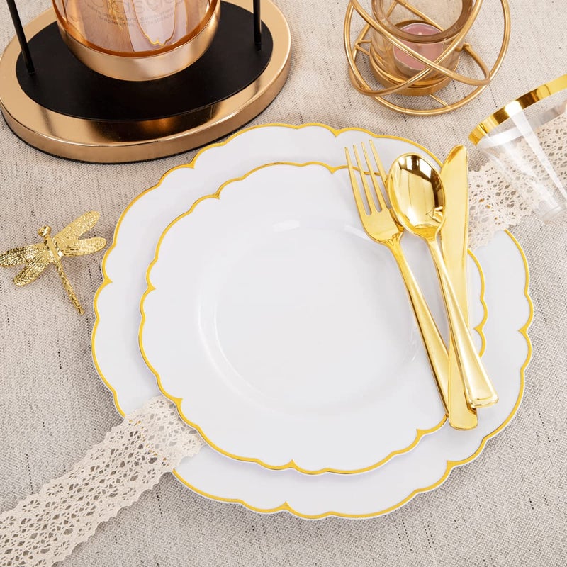Morejoy 175PCS Gold Plastic Plates White Gold Disposable Plates with Pre Rolled Napkins:25 Dinner Plates 25 Dessert Plates 25 Spoons 25 Forks 25Knives 25Cups 25Napkins for Wedding & Party - Image 3