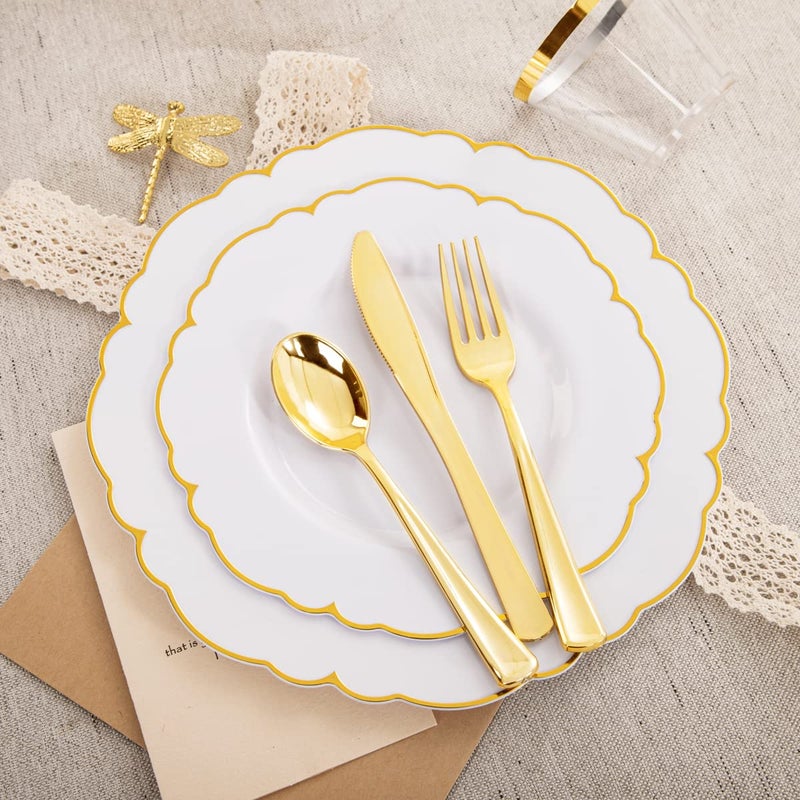 Morejoy 175PCS Gold Plastic Plates White Gold Disposable Plates with Pre Rolled Napkins:25 Dinner Plates 25 Dessert Plates 25 Spoons 25 Forks 25Knives 25Cups 25Napkins for Wedding & Party - Image 2
