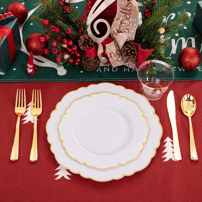 Morejoy 175PCS Gold Plastic Plates White Gold Disposable Plates with Pre Rolled Napkins:25 Dinner Plates 25 Dessert Plates 25 Spoons 25 Forks 25Knives 25Cups 25Napkins for Wedding & Party - Image 5