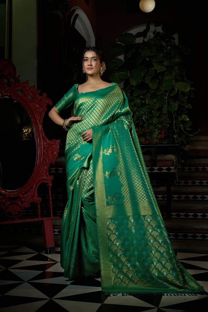 Vardha Women's Kanjivaram Silk Saree With Blouse Piece, Zari Woven Green Sari Anamika Silk, 400 - Image 2