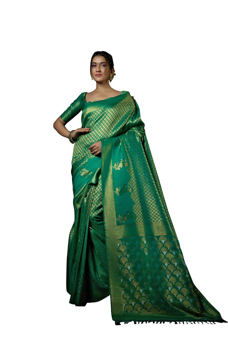 Vardha Women's Kanjivaram Silk Saree With Blouse Piece, Zari Woven Green Sari Anamika Silk, 400 - Image 1