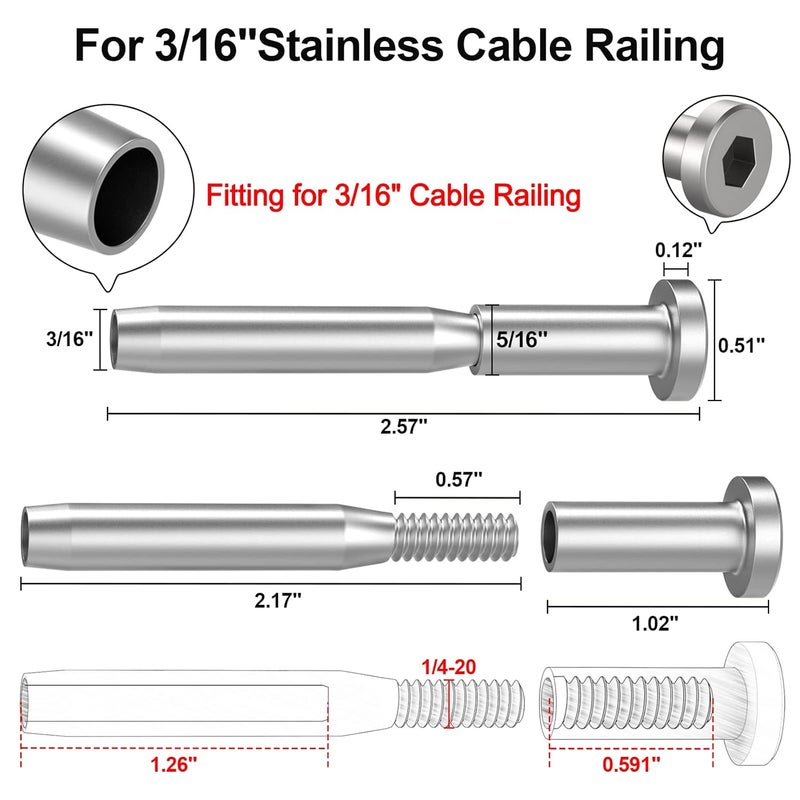 BLIKA 30 Pack 3/16" Invisible Cable Railing kit, T316 Stainless Steel Invisible Receiver and Swage Stud End for 3/16 Inch Cable Railing, Deck Stair Threaded End Fitting for 2"x2" Wood & Metal Posts - Image 2