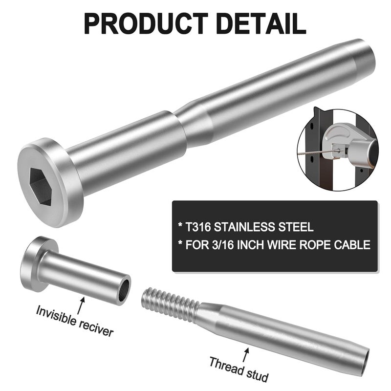 BLIKA 30 Pack 3/16" Invisible Cable Railing kit, T316 Stainless Steel Invisible Receiver and Swage Stud End for 3/16 Inch Cable Railing, Deck Stair Threaded End Fitting for 2"x2" Wood & Metal Posts - Image 3