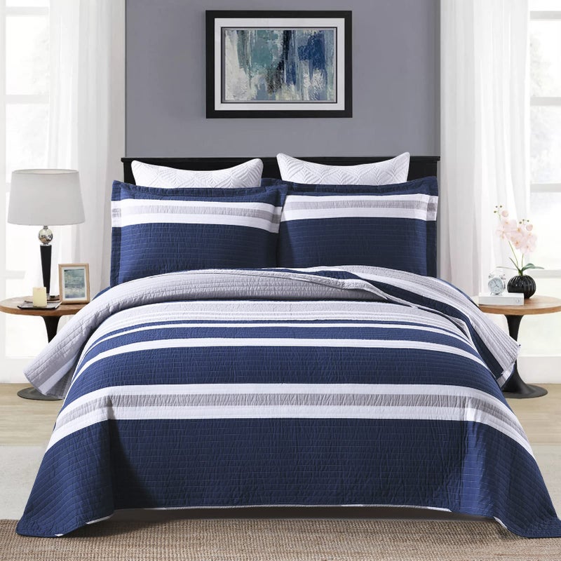 DUOHONG Quilts King Size  King Quilt Bedspread Sets 100 Cotton Quilt Bedding Set for King Bed 3 Pieces Striped Reversible Lightweight Quilted Quilt Set Bed Spread Navy Blue