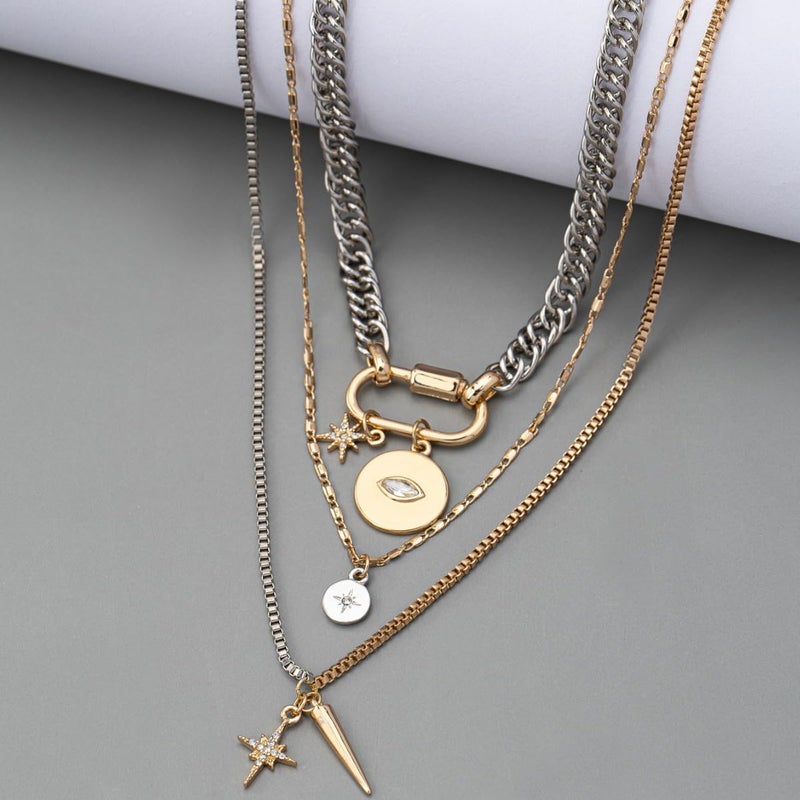sunglnl Gold Layered Necklaces For Women, 3PS Chunky Two Tone Necklace Silver Coin Pendant Paperclip Stacked Chain Trendy Statement Jewelry Gift (layer necklace) - Image 2