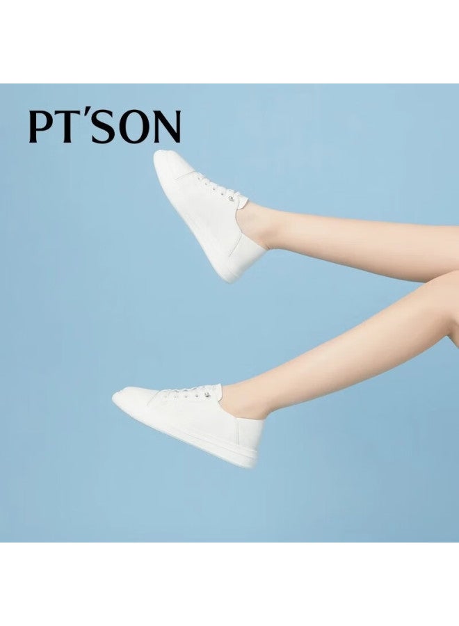 PT'SON Baitiansen Leather Sports Casual White Sneakers For Women, Genuine Leather Thick-soled Slip-on Simple Versatile Skateboard Shoes, Beige, Size 37 - Image 3