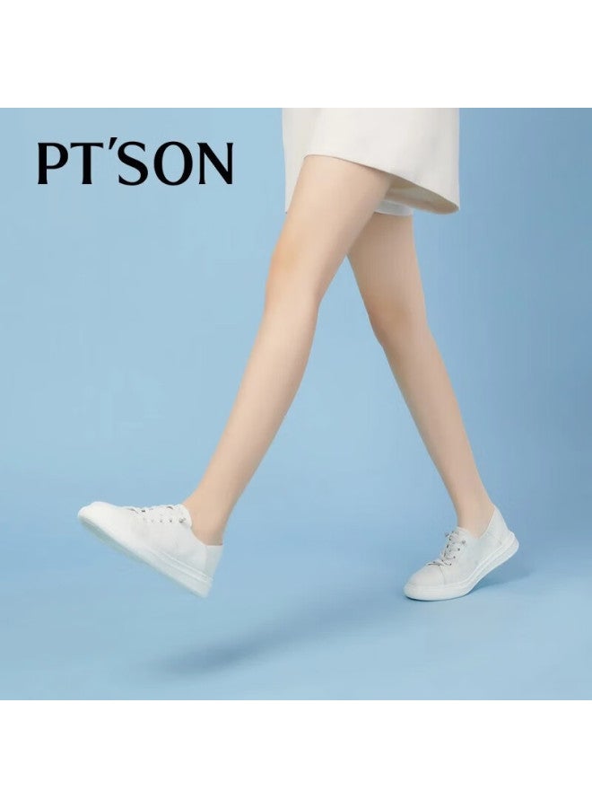 PT'SON Baitiansen Leather Sports Casual White Sneakers For Women, Genuine Leather Thick-soled Slip-on Simple Versatile Skateboard Shoes, Beige, Size 37 - Image 4