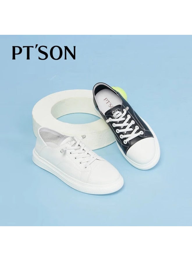 PT'SON Baitiansen Leather Sports Casual White Sneakers For Women, Genuine Leather Thick-soled Slip-on Simple Versatile Skateboard Shoes, Beige, Size 37 - Image 1