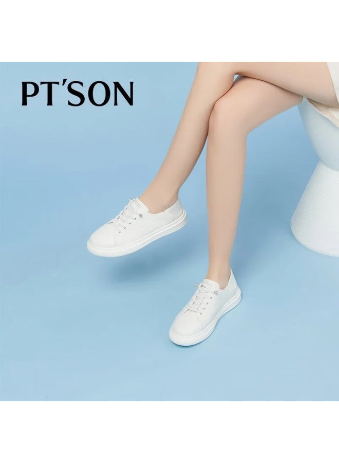 PT'SON Baitiansen Leather Sports Casual White Sneakers For Women, Genuine Leather Thick-soled Slip-on Simple Versatile Skateboard Shoes, Beige, Size 37 - Image 5