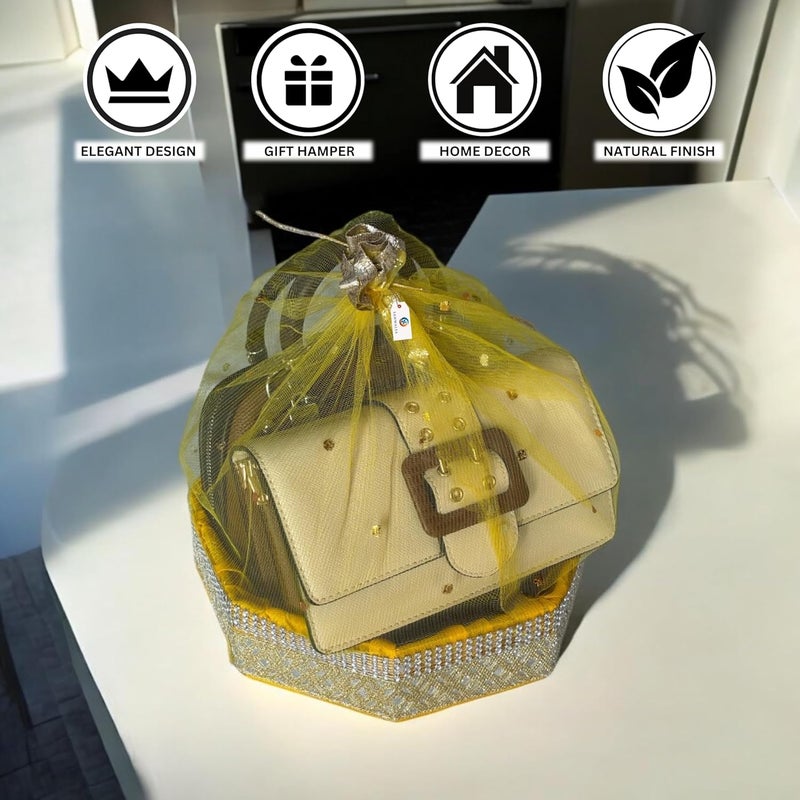 SANWALSA (Small, 8x8x2 inch, Hexagon, Yellow-Stone Lace) MDF Base Designer Gift Hamper Packaging Baskets with Net Cover, Gift Hamper Organiser Perfect for Any Occasion - Image 3