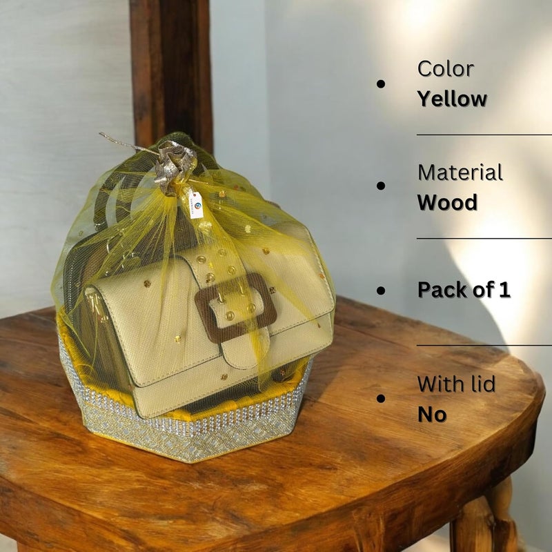 SANWALSA (Small, 8x8x2 inch, Hexagon, Yellow-Stone Lace) MDF Base Designer Gift Hamper Packaging Baskets with Net Cover, Gift Hamper Organiser Perfect for Any Occasion - Image 2