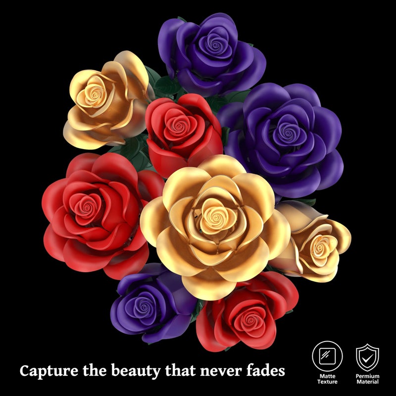 QIFUN Rose Bouquet Flowers Building Set, 501Pcs Red Purple Golden Roses Artificial Flowers Botanical Collection Compatible with Lego Flowers Home Office Table Decor Gifts for Her/Mom/Girlfriend/Wife/Couple - Image 2