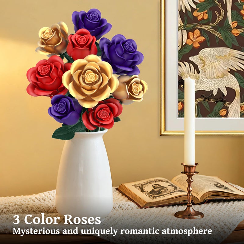 QIFUN Rose Bouquet Flowers Building Set, 501Pcs Red Purple Golden Roses Artificial Flowers Botanical Collection Compatible with Lego Flowers Home Office Table Decor Gifts for Her/Mom/Girlfriend/Wife/Couple - Image 4