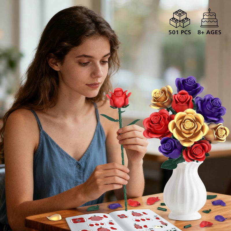 QIFUN Rose Bouquet Flowers Building Set, 501Pcs Red Purple Golden Roses Artificial Flowers Botanical Collection Compatible with Lego Flowers Home Office Table Decor Gifts for Her/Mom/Girlfriend/Wife/Couple - Image 5