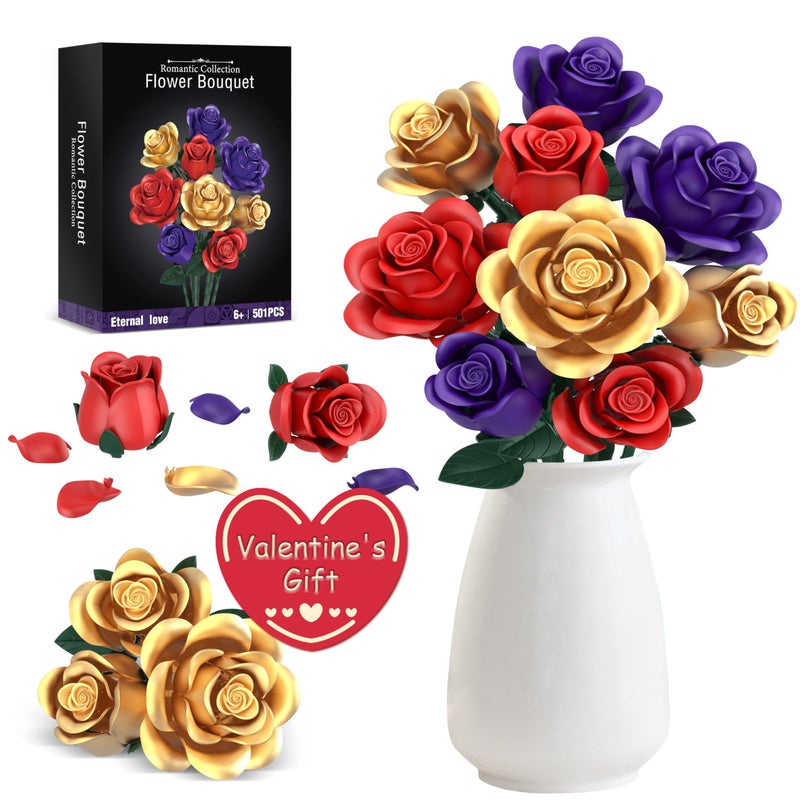 QIFUN Rose Bouquet Flowers Building Set, 501Pcs Red Purple Golden Roses Artificial Flowers Botanical Collection Compatible with Lego Flowers Home Office Table Decor Gifts for Her/Mom/Girlfriend/Wife/Couple - Image 1