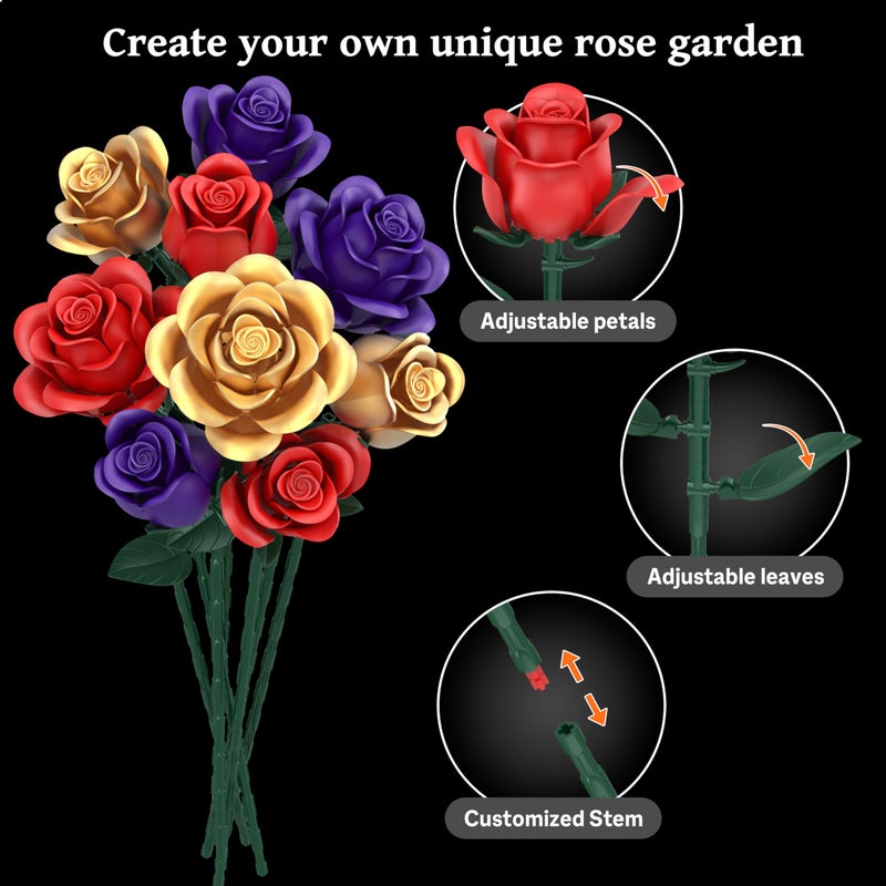 QIFUN Rose Bouquet Flowers Building Set, 501Pcs Red Purple Golden Roses Artificial Flowers Botanical Collection Compatible with Lego Flowers Home Office Table Decor Gifts for Her/Mom/Girlfriend/Wife/Couple - Image 3