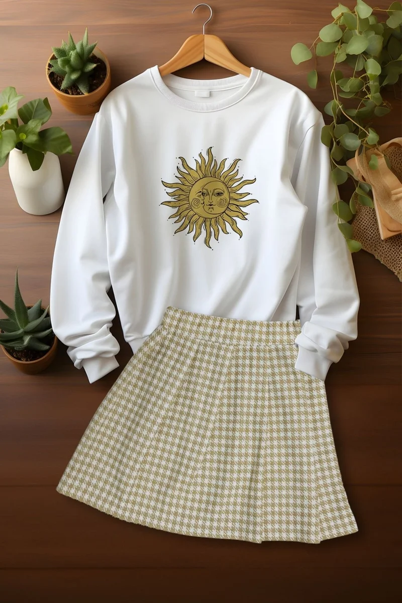 Ada Bebek Çocuk Ada Baby Child Style Plaid Skirt Charm Patterned Sweat Skirt Top and Bottom Set