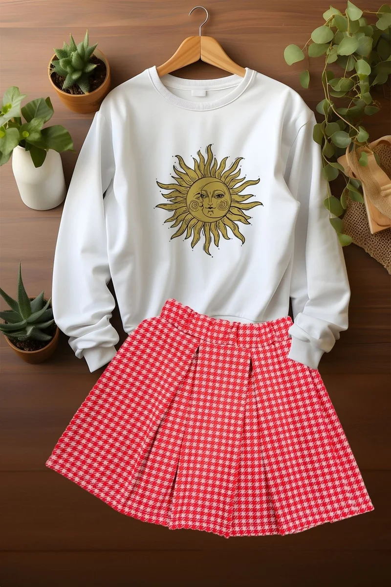 Ada Bebek Çocuk Ada Baby Child Style Plaid Skirt Charm Patterned Sweat Skirt Top and Bottom Set