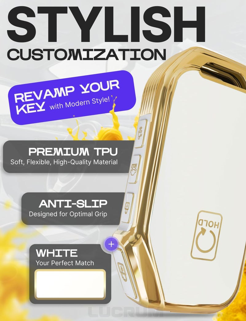 Lucrum for Kia Key Fob Cover and Leather Keychain - TPU Key Case for Kia Sportage, Soul, Forte, Telluride, EV6, Niro, K5, Stinger - 2018-2023 Keyfob Cover - White and Gold - Image 3