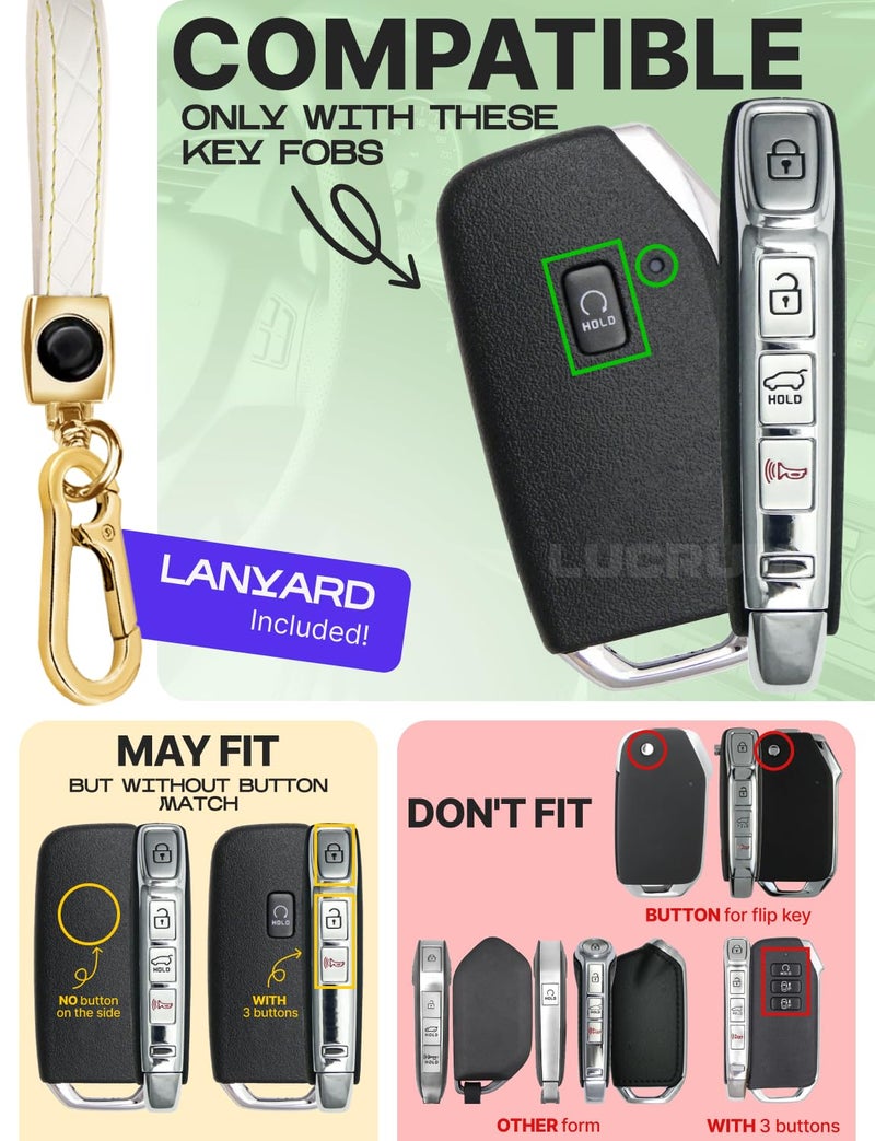 Lucrum for Kia Key Fob Cover and Leather Keychain - TPU Key Case for Kia Sportage, Soul, Forte, Telluride, EV6, Niro, K5, Stinger - 2018-2023 Keyfob Cover - White and Gold - Image 2