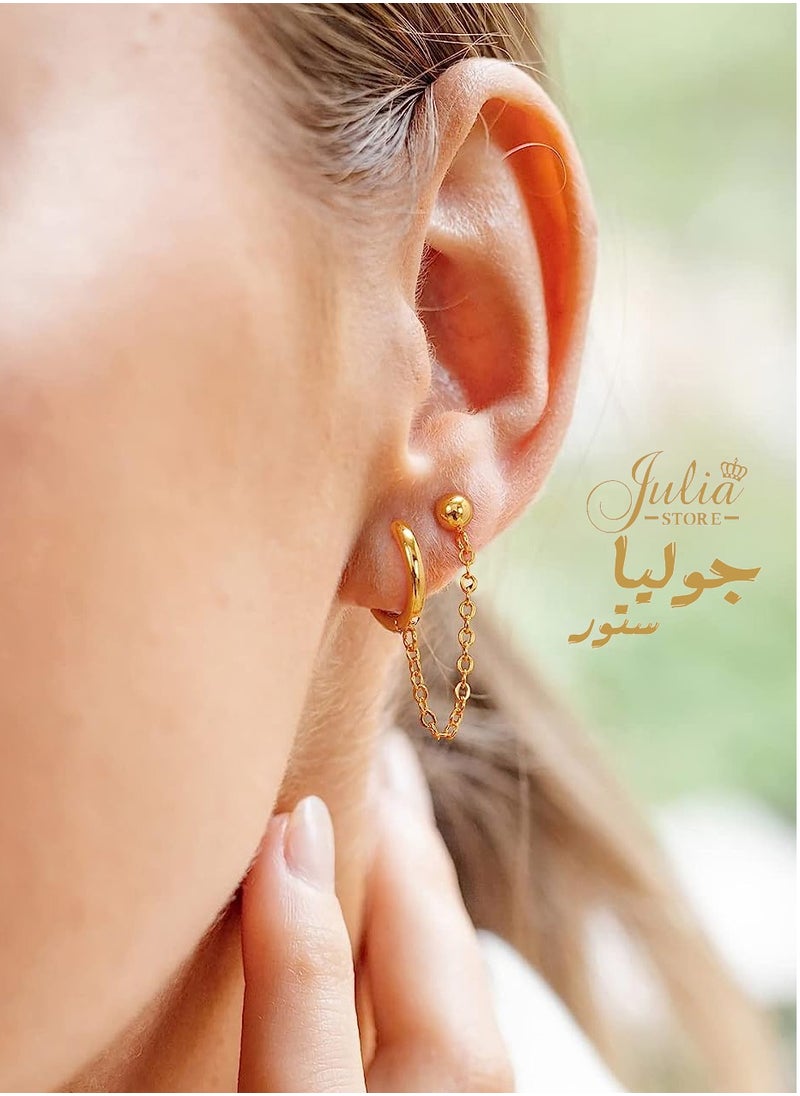 Julia Store - 18K Gold Plated Huggie Earrings Dainty 1 Piece Hoop Earrings Chain for Women Teen Girls Double Piercing Earrings Two Holes By Julia Store - Image 1