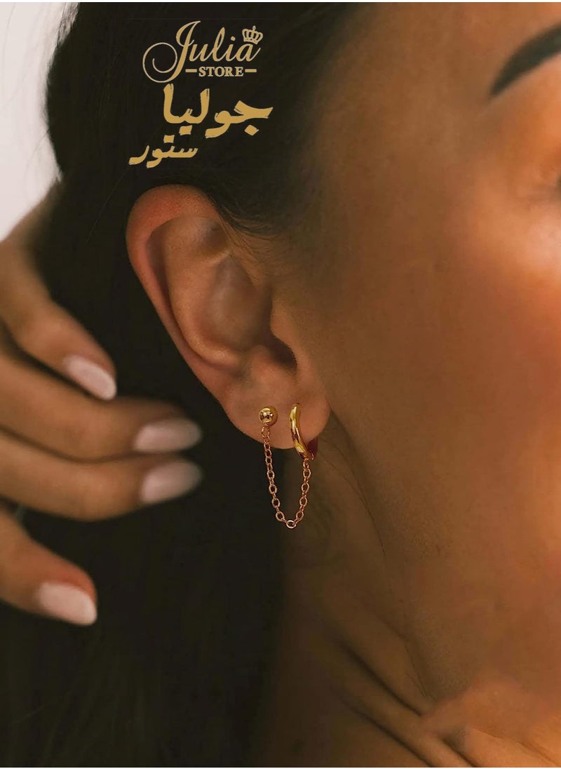Julia Store - 18K Gold Plated Huggie Earrings Dainty 1 Piece Hoop Earrings Chain for Women Teen Girls Double Piercing Earrings Two Holes By Julia Store - Image 1