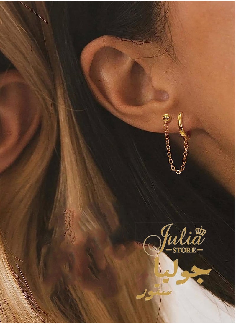 Julia Store - 18K Gold Plated Huggie Earrings Dainty 1 Piece Hoop Earrings Chain for Women Teen Girls Double Piercing Earrings Two Holes By Julia Store - Image 1