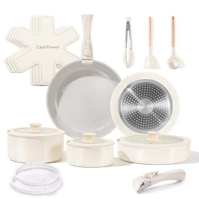 CERAMIC NONSTICK POTS AND PANS SET 19 PIECE WITH DETACHABLE HANDLE INDUCTION DISHWASHER OVEN SAFE COOKWARE SET RV KITCHEN SET REMOVABLE HANDLE GRANITE GREY AND WHITE
