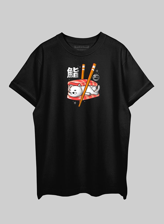 THREADCURRY THREADCURRY Sushi Cat Oversized Drop Shoulder Cotton Loose Printed T-Shirt for Men  - Image 1