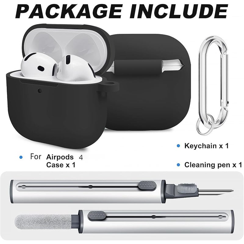 Woyinger for Airpods 4th Case Cover, Come with Cleaner Kit,Soft Skin Silicone Case Cover with Keychain, Full Protective Case for Men and Women, Compatible with AirPods 4th Generation Case(Black) - Image 2