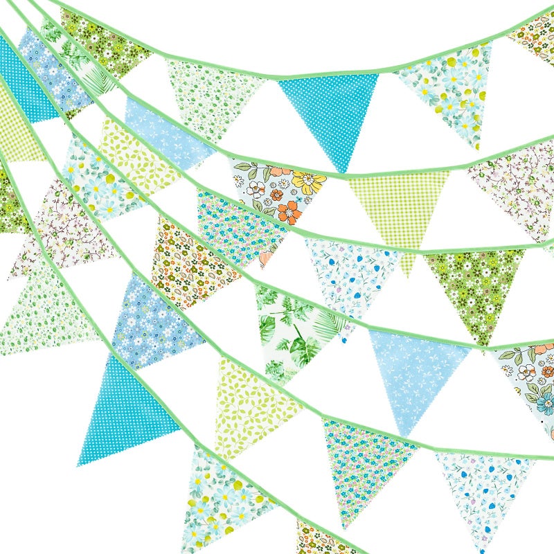 G2PLUS 12M Floral Fabric Bunting Banner,19x21CM Large Reusable Cotton Triangle Flag Garland with 42PCS Decoration Floral Pennants for Garden Tea Wedding Baby Shower Birthday Parties-Green - Image 1
