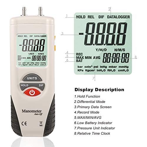 LABART Digital Manometer, HT-1890 with Certificate Dual Port Air Pressure Meter HVAC Gas Tester, 11 Selectable Measure Units Large LCD Display with Backlight, (Range-±2 PSI) with Certificate - Image 5