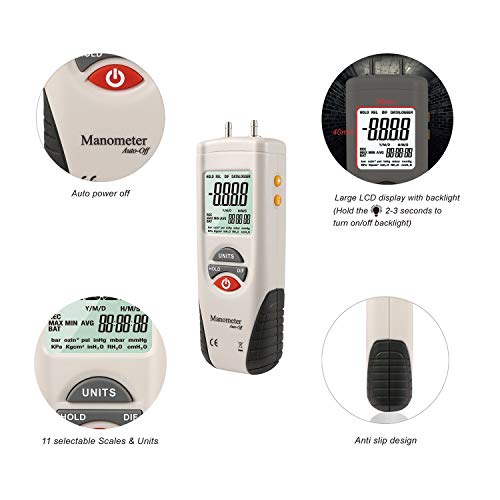 LABART Digital Manometer, HT-1890 with Certificate Dual Port Air Pressure Meter HVAC Gas Tester, 11 Selectable Measure Units Large LCD Display with Backlight, (Range-±2 PSI) with Certificate - Image 4