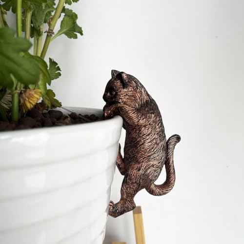 JARPSIRY Vintage Bronze Climbing Cat Statue Flower Pot and Vase Hugger Figurines Terrarium Planter Edge Decor Resin Art Patio Lawn Yard Ornaments Outdoor Fence Decorations - Image 2
