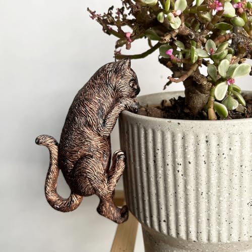 JARPSIRY Vintage Bronze Climbing Cat Statue Flower Pot and Vase Hugger Figurines Terrarium Planter Edge Decor Resin Art Patio Lawn Yard Ornaments Outdoor Fence Decorations - Image 1