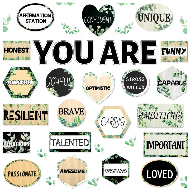 27Pcs Eucalyptus Affirmation Station Classroom Inspirational Bulletin Board Set Greenery Posters Positive Classroom Decor for Teacher School Home Affirmation Wall Decor