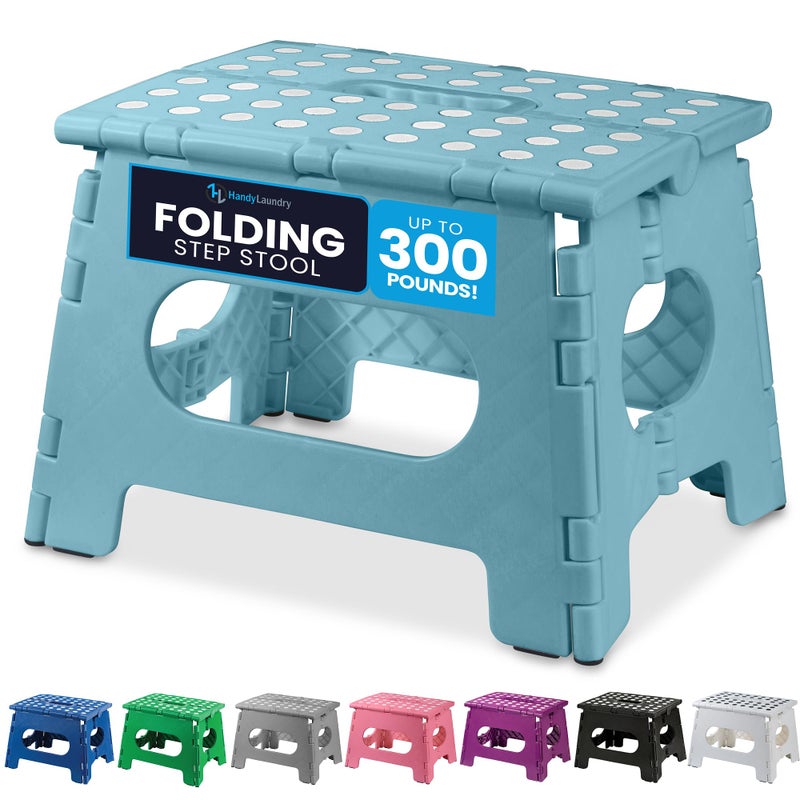 Handy Laundry Folding Step Stool 9 Inch â€“ Sturdy Plastic Foldable Step Stool for Adults & Kids, 300 lb Capacity, Non-Slip, Lightweight, Portable with Handle for Kitchen, Bathroom, Bedroom â€“ Teal - Image 1