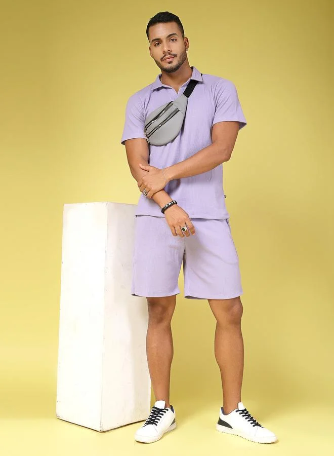 Take Two Men Purple Waffle Knit Polo and Shorts Co-Ords By Rigo