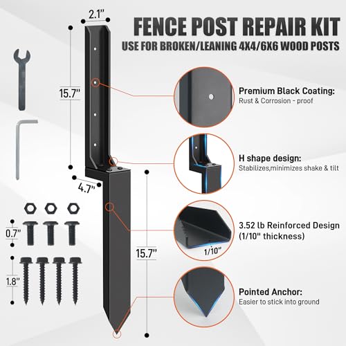 Mulctun 4 Pack Fence Post Repair Kit - 31.6" H Heavy Duty Fence Post Repair Stakes, Durable Fences Support Anchor for Fixing Broken/Leaning 4X4/6X6 Wood Posts - Image 4