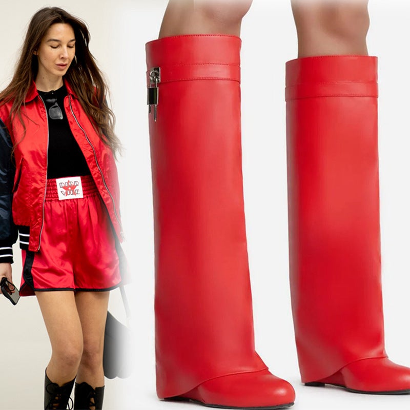 Retro Large Tube Pointed Toe High Heel Metal Lock Wedge Pants Boots Export Large Size Sleeve Catwalk High Boots - Image 1