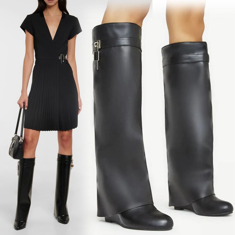 Retro Large Tube Pointed Toe High Heel Metal Lock Wedge Pants Boots Export Large Size Sleeve Catwalk High Boots - Image 3