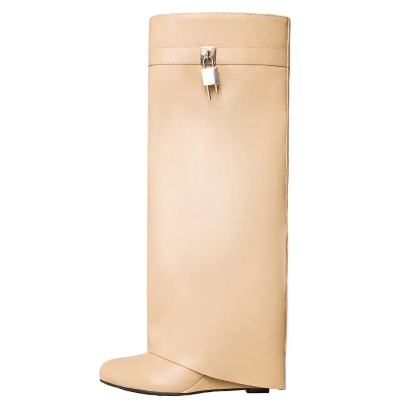 Retro Large Tube Pointed Toe High Heel Metal Lock Wedge Pants Boots Export Large Size Sleeve Catwalk High Boots - Image 5