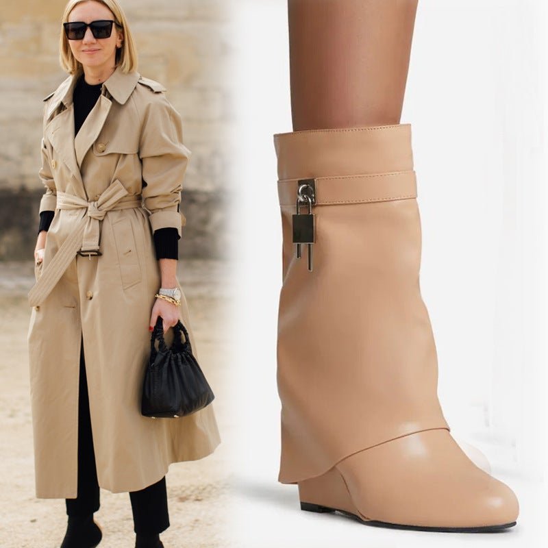 Retro Large Tube Pointed Toe High Heel Metal Lock Wedge Pants Boots Export Large Size Sleeve Catwalk High Boots - Image 2