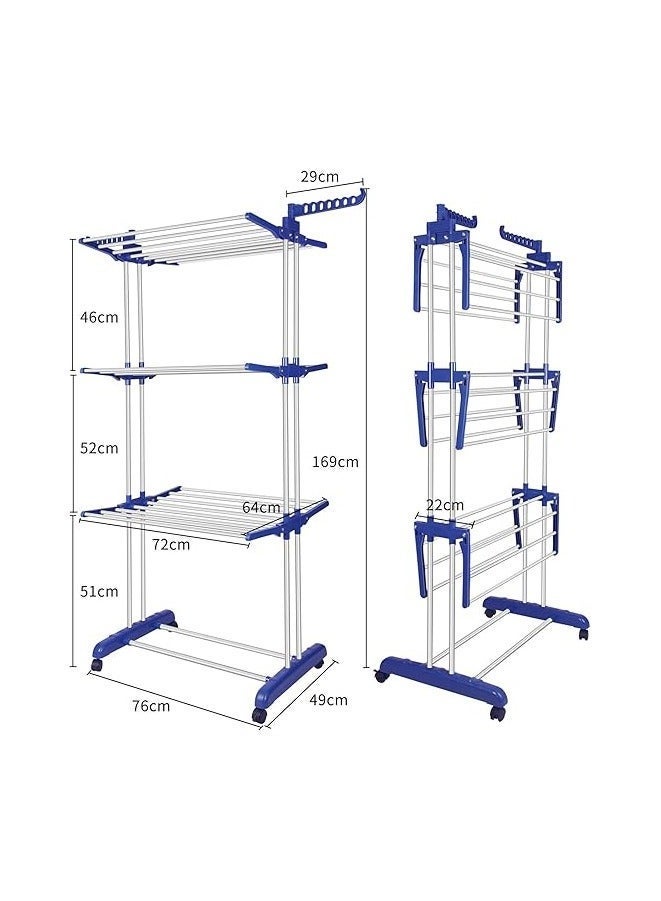 3-tier laundry rack, multi-functional and foldable, adjustable design with universal swivel wheels and hangers at the top for indoor and outdoor use, stainless steel - Image 4