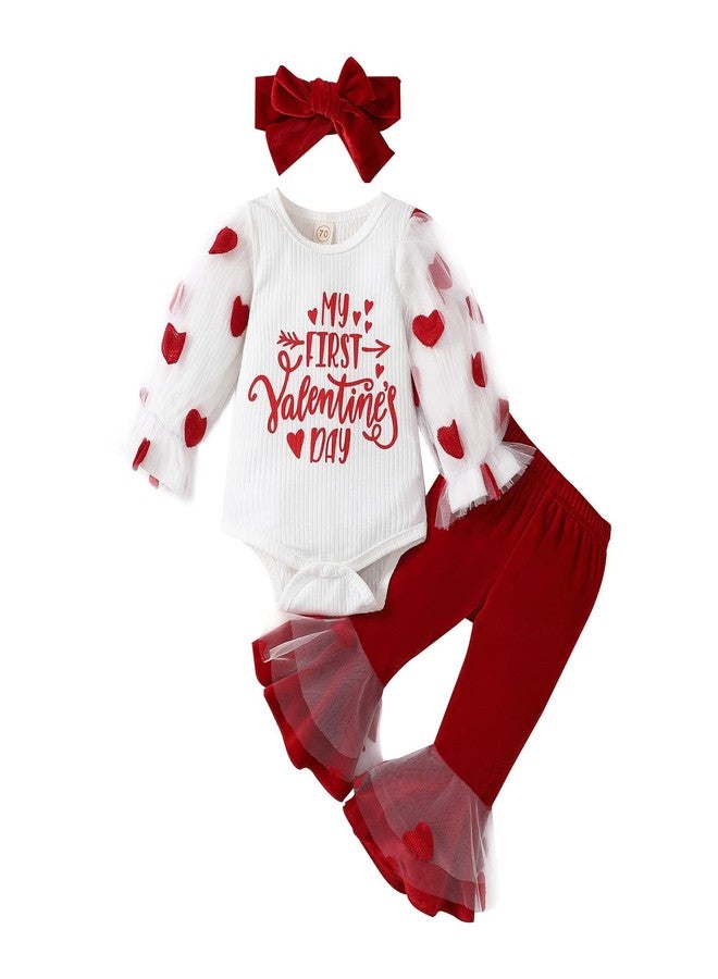BHMAWSRT Baby Girl Clothes My First Valentines Heart LongSLeeve Romper Flare Pants Newborn Girl Outfits (White, 0-3 Months) - Image 1