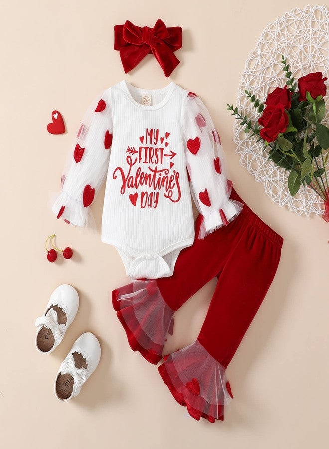 BHMAWSRT Baby Girl Clothes My First Valentines Heart LongSLeeve Romper Flare Pants Newborn Girl Outfits (White, 0-3 Months) - Image 2