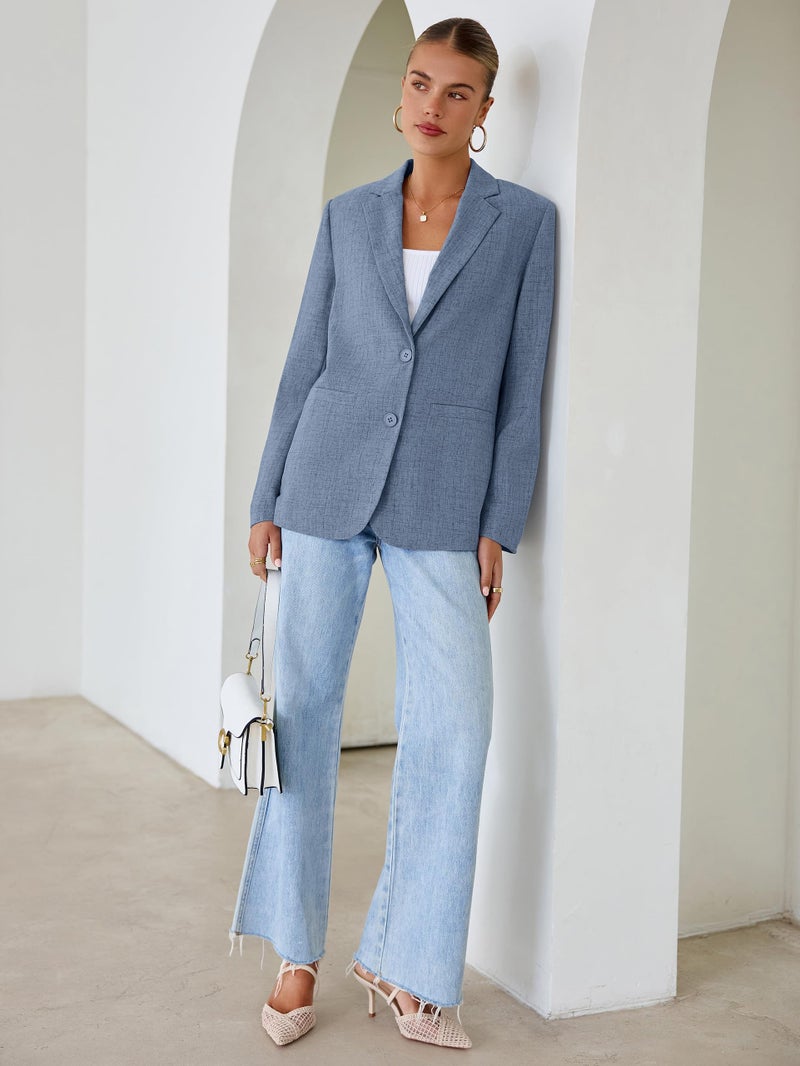 Simplee Women's 2026 Business Casual Blazers Tweed Long Sleeve Lapel Open Front Button Fashion Work Office Clothes with Pockets(Blue M) - Image 5