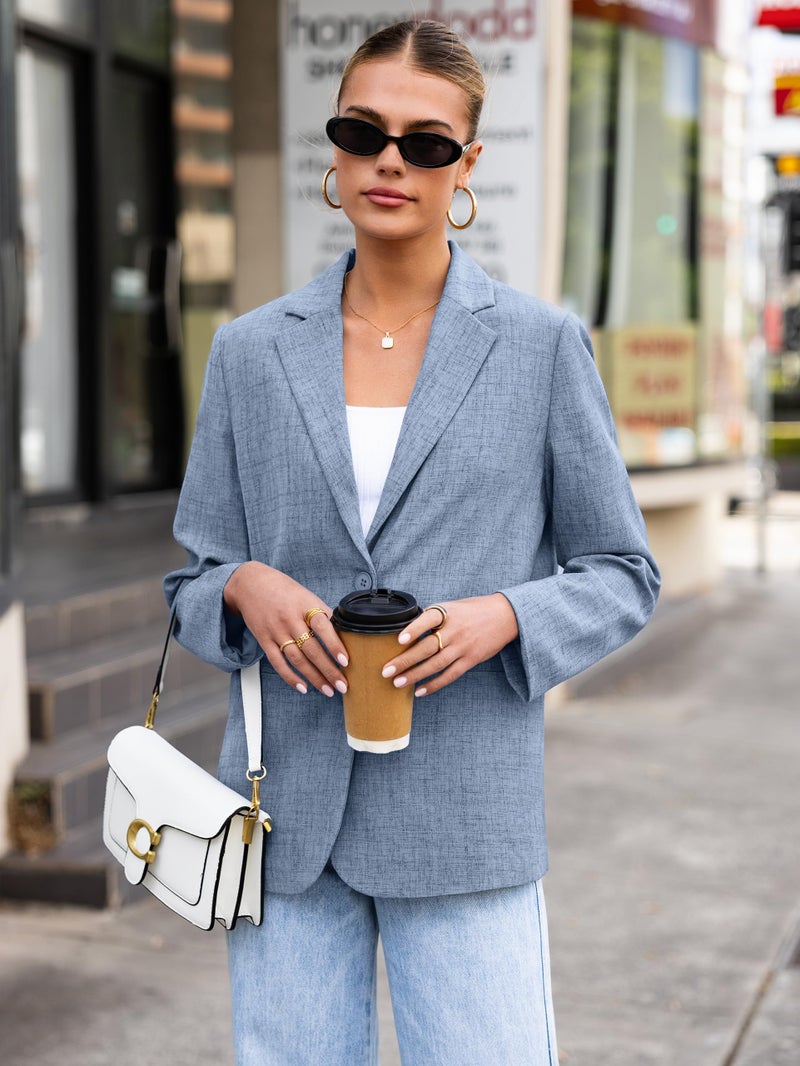 Simplee Women's 2026 Business Casual Blazers Tweed Long Sleeve Lapel Open Front Button Fashion Work Office Clothes with Pockets(Blue M) - Image 2